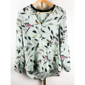 Zara Basic Long Sleeve Blouse w/ Bird Print and Black Trim EUC / office / Sz S
